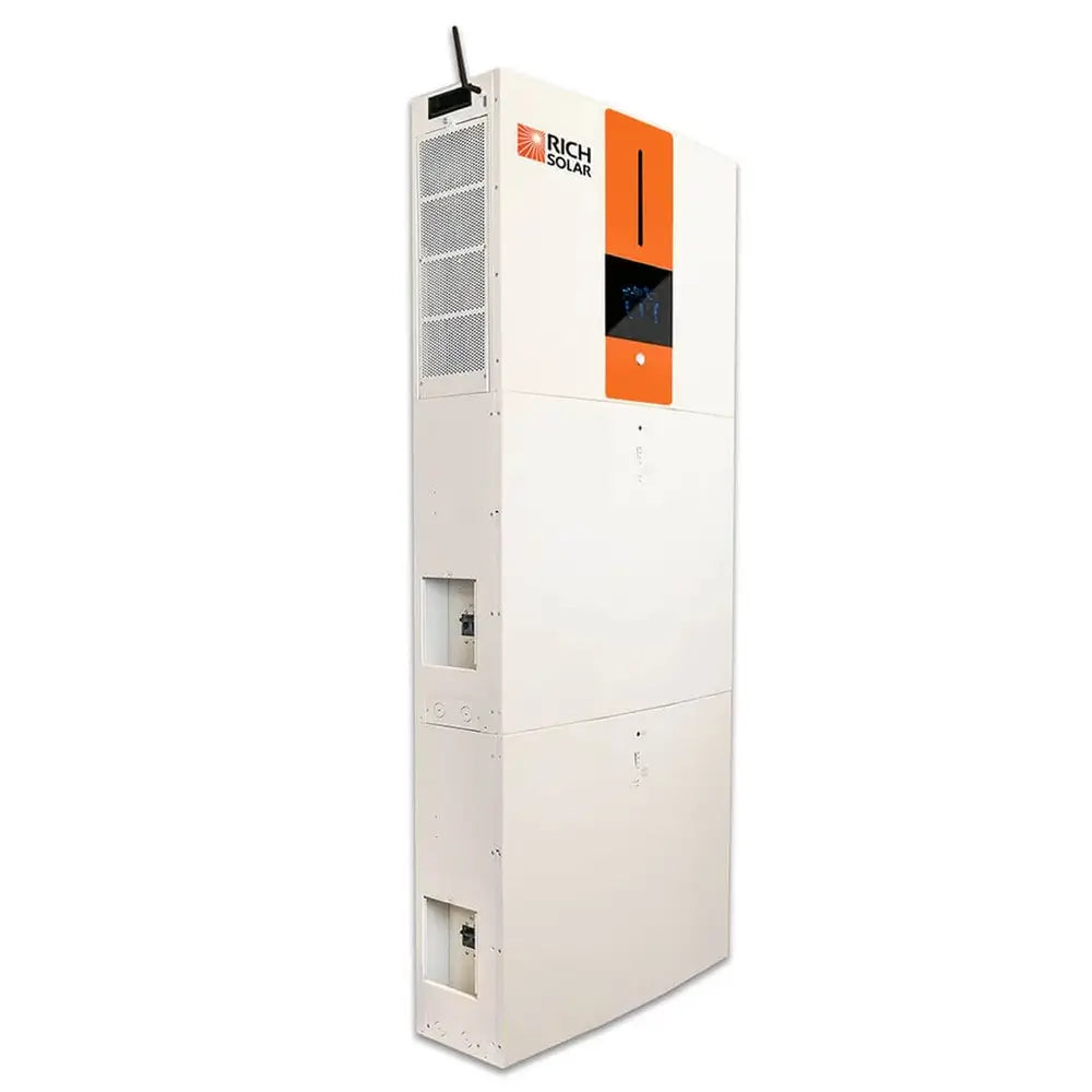 Complete vertical stack of the Rich Solar RS-A10 All-in-One ESS 6.5kW hybrid inverter and two battery modules.