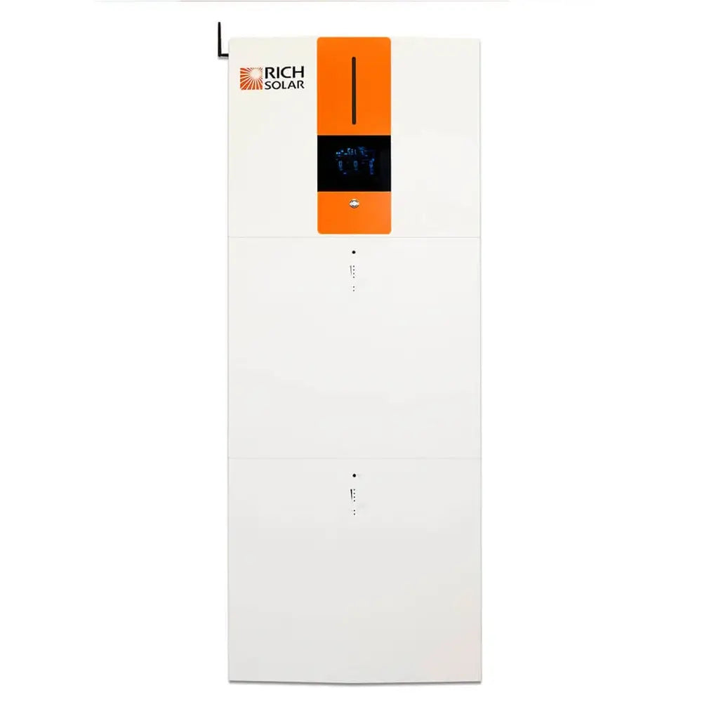 Front straight-on studio shot of the Rich Solar RS-A10 All-in-One ESS showing the 6.5kW hybrid inverter stacked vertically on two battery modules.