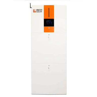 Front straight-on studio shot of the Rich Solar RS-A10 All-in-One ESS showing the 6.5kW hybrid inverter stacked vertically on two battery modules.
