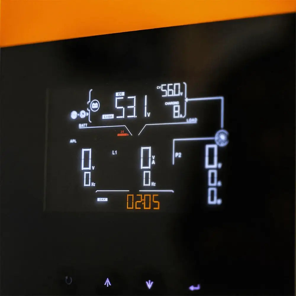 Detailed close-up of the integrated digital LCD monitor display on the Rich Solar RS-A10 inverter face showing real-time lithium-ion battery voltage and system charging metrics.