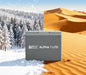 Rich Solar Alpha 1 Lite LiFePO4 battery shown against a split snowy winter and hot desert background to demonstrate extreme temperature resistance.