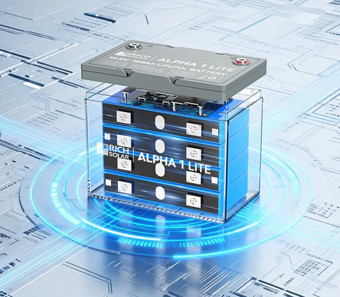 Clear cutaway illustration of the Rich Solar Alpha 1 Lite 12V battery with the lid lifted, revealing the internal high-capacity lithium cells.
