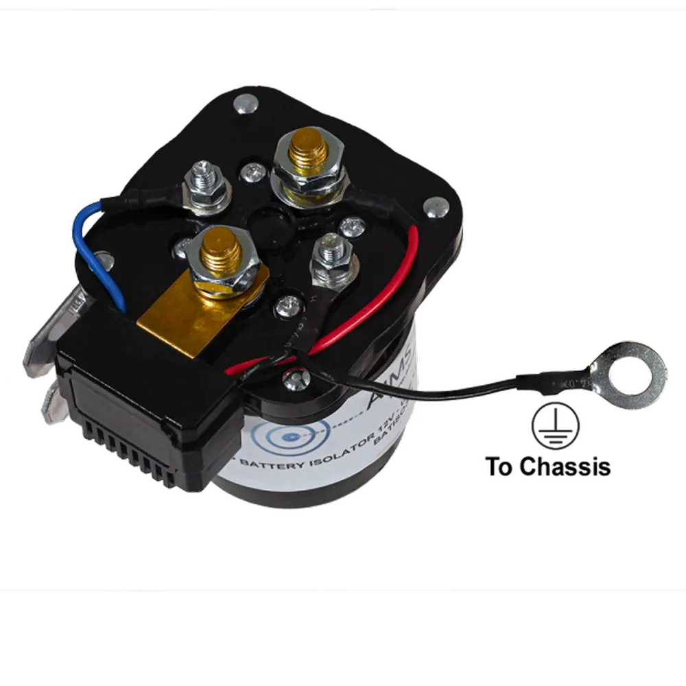 AIMS Power 300A dual battery isolator with heavy-duty terminals, wiring, and relay for 12V battery systems.