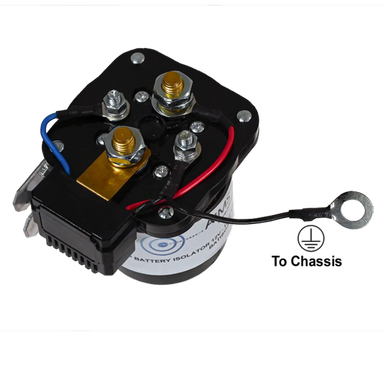 AIMS Power 300A dual battery isolator with heavy-duty terminals, wiring, and relay for 12V battery systems.