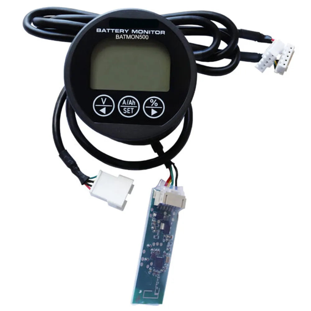 AIMS Power 500A Bluetooth battery monitor with round LCD screen, wiring harness, and circuit board connector.