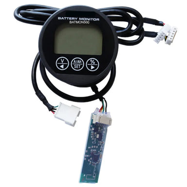 AIMS Power 500A Bluetooth battery monitor with round LCD screen, wiring harness, and circuit board connector.