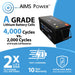 AIMS Power A-grade lithium battery cells graphic highlighting 4,000 cycles, 2x lifespan, fast charging, BMS, and 10-year warranty.