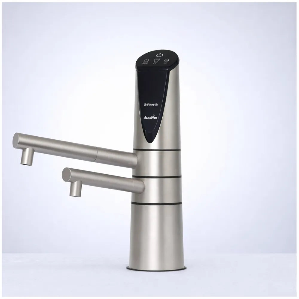 Brushed steel AlkaViva Delphi H2 ionizer faucet on light background
