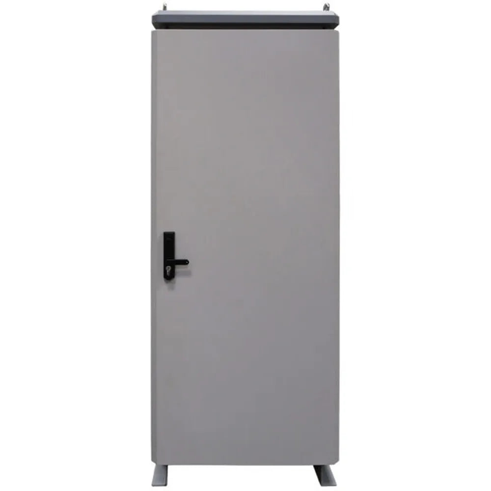 Closed AIMS Power lithium battery cabinet master with gray metal enclosure, black door handle, feet, and top eye hooks.
