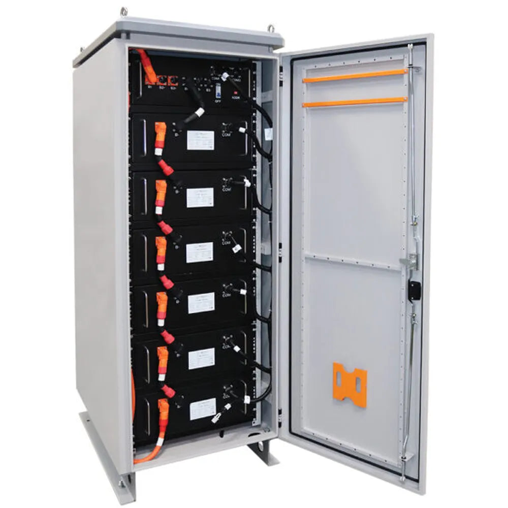 AIMS Power 230V lithium battery cabinet master with open door, stacked LiFePO4 modules, orange cables, and internal wiring.