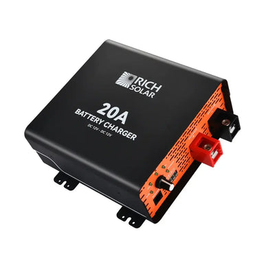 Rich Solar 20A 12V DC to DC battery charger for off-grid solar and RV setups, showing an angled isometric view of the black casing with its distinctive orange side panels and output terminals.