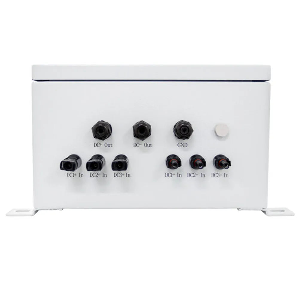 AIMS Power 3-string solar combiner box front view with labeled DC+ Out, DC- Out, GND, DC1+ In, DC2+ In, DC3+ In, DC1- In, DC2- In, and DC3- In connector ports.