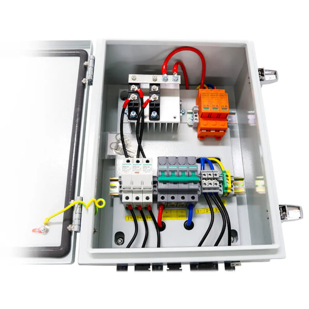 Open AIMS Power PV combiner box showing internal solar wiring, DIN rail breakers, terminal blocks, surge protection module, grounding cable, red and black DC wires, and metal enclosure.
