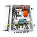 Open AIMS Power PV combiner box showing internal solar wiring, DIN rail breakers, terminal blocks, surge protection module, grounding cable, red and black DC wires, and metal enclosure.