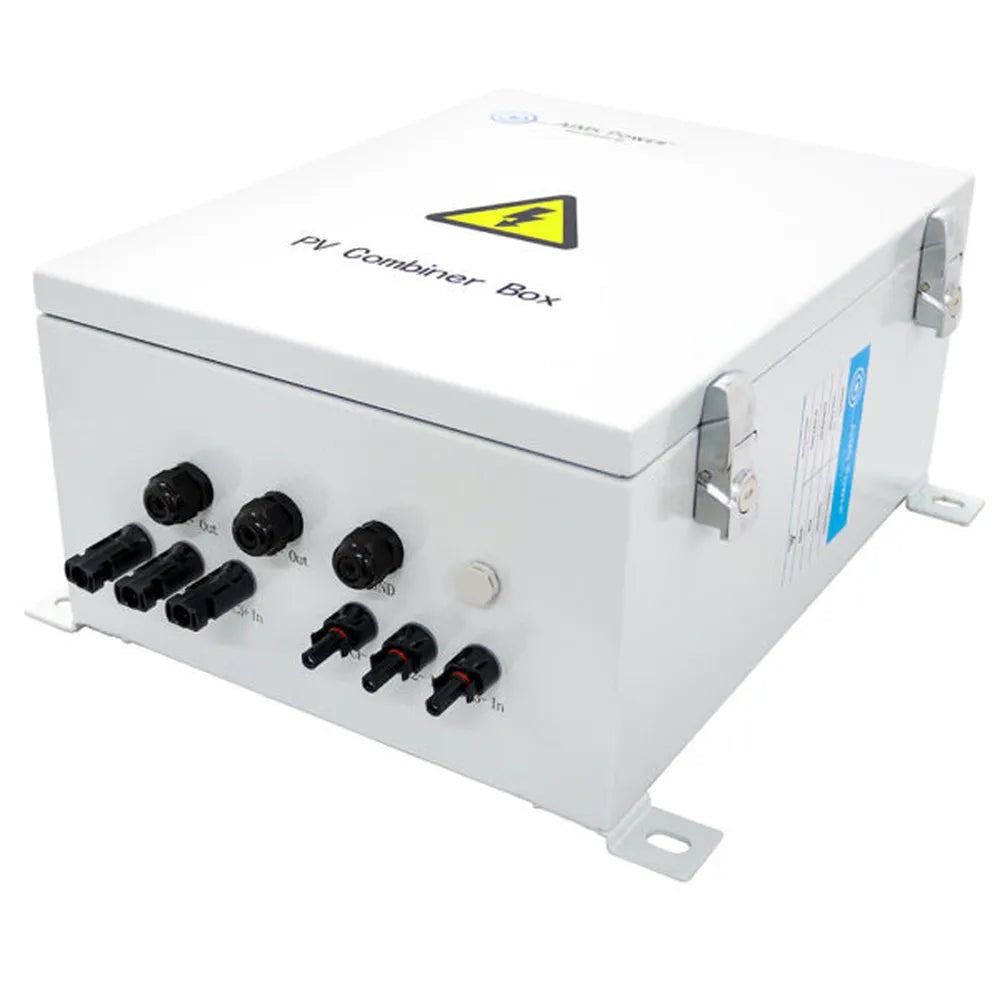 Angled white AIMS Power PV Combiner Box with high-voltage warning symbol, side latches, mounting feet, and multiple solar panel input/output connectors.