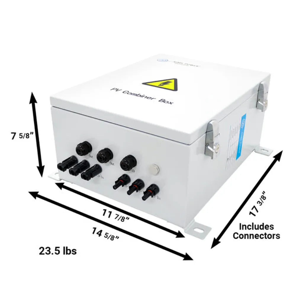 AIMS Power PV combiner box dimension diagram showing 7 5/8-inch height, 14 5/8-inch width, 17 3/8-inch depth including connectors, and 23.5 lb weight.