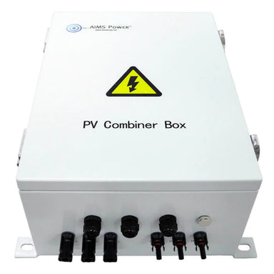 Top view of white AIMS Power PV Combiner Box with yellow electrical hazard icon, front solar connector ports, mounting tabs, and AIMS Power branding.