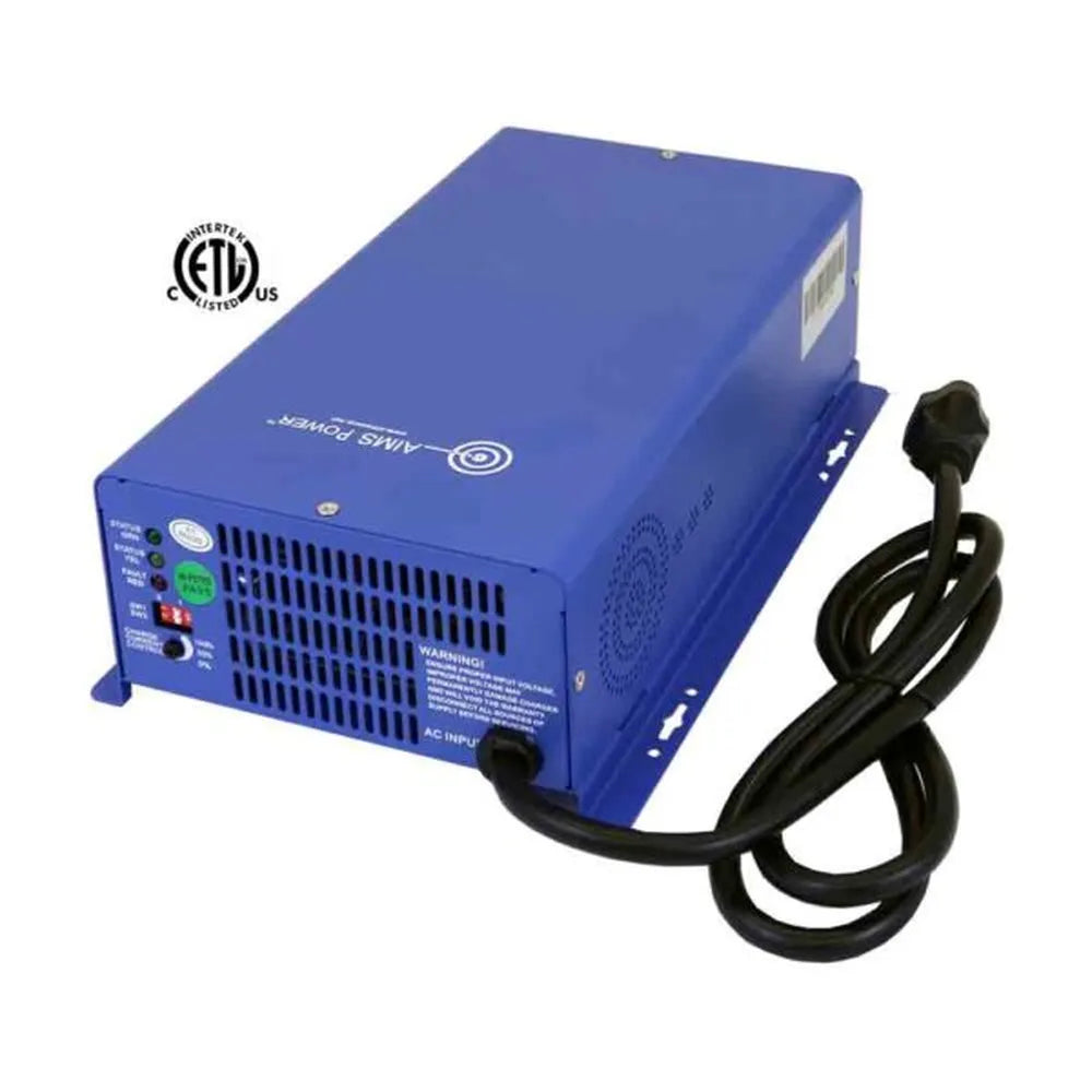 AIMS Power 75A AC battery charger with ETL listing, power cord, ventilation panel, and blue metal case.