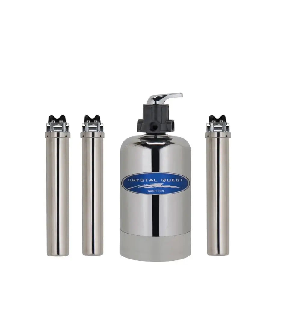 Crystal Quest EAGLE 1000 Manual Stainless Steel Whole House Water Filter and Alkalizer 11-stage system with manual control valve and stainless housings.