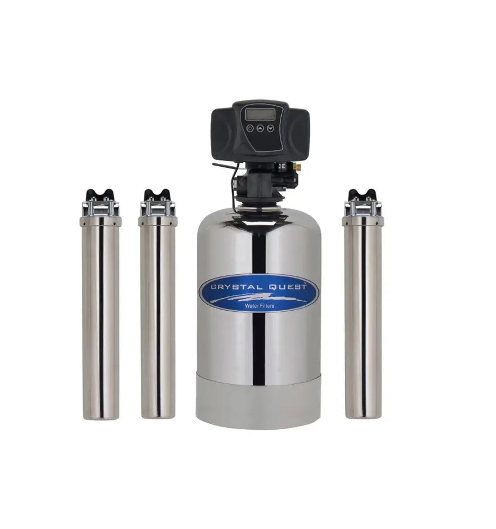 Crystal Quest EAGLE 1000 Automatic Stainless Steel Whole House Water Filter and Alkalizer system featuring 11-stage filtration and polished steel casings.