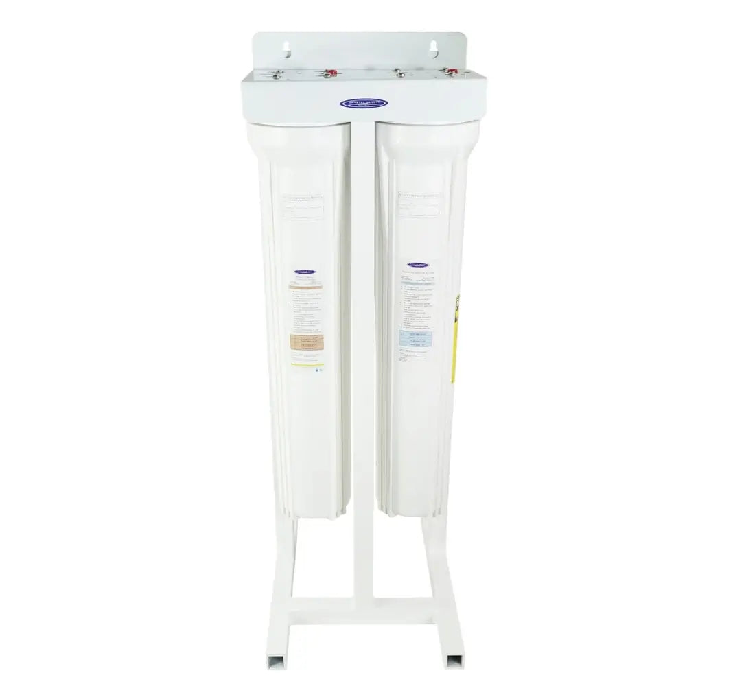 Crystal Quest Mini 2-stage dual canister alkalizing water filtration system with white floor stand.