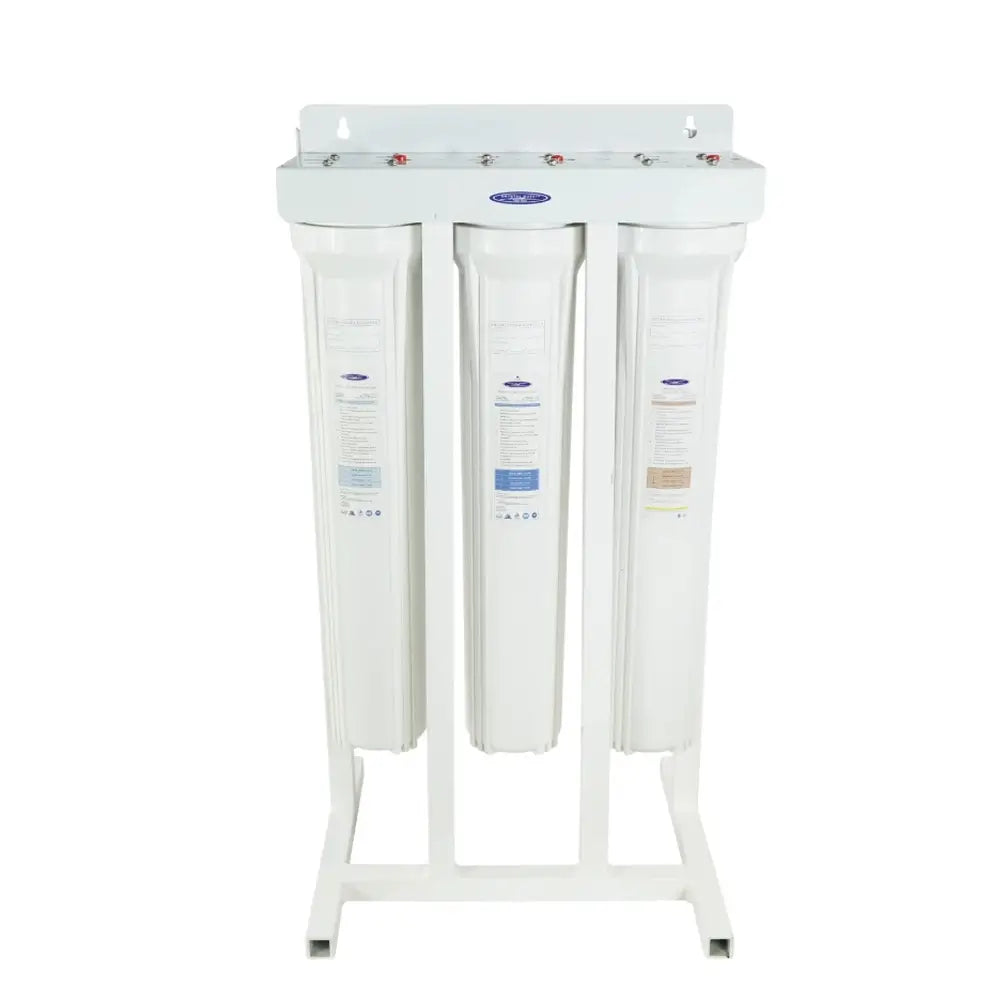 Crystal Quest Mini 3-stage triple canister alkalizing water filtration system, high capacity 2-4 GPM with floor stand.