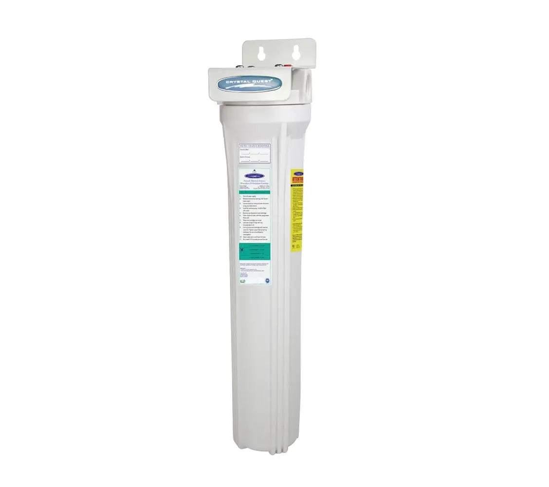 Single-stage Crystal Quest Mini Alkalizing Filtration system, wall-mount bracket design, 2-4 GPM flow rate.