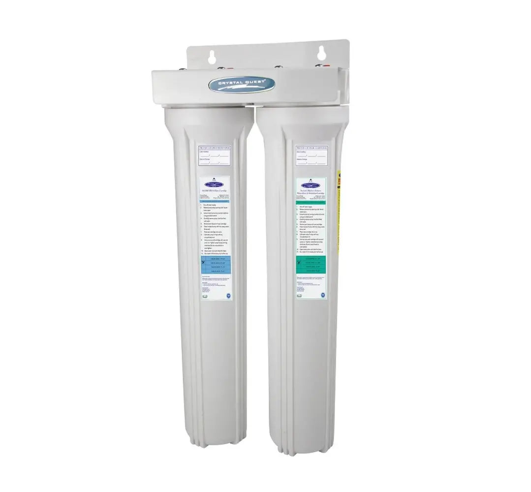 Dual canister Crystal Quest Mini Alkalizing Water Filter, 2-stage wall-mounted filtration system.