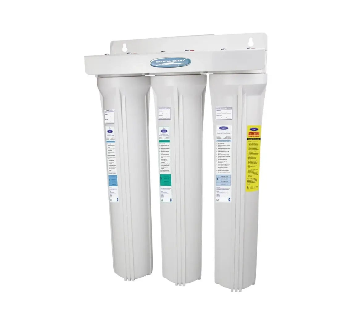 Triple canister Crystal Quest Mini Alkalizing Water Filtration System, 3-stage wall-mounted unit for 2-4 GPM.