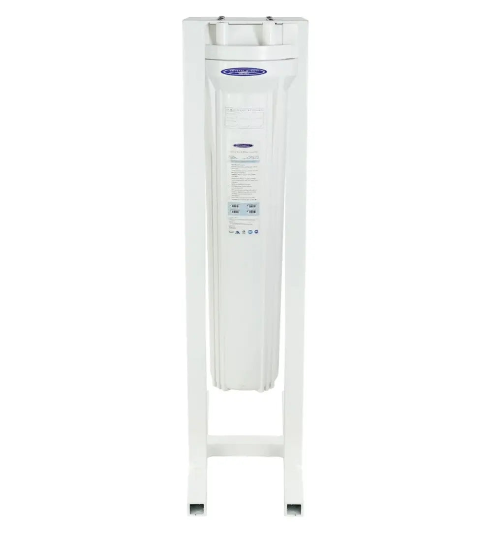 Crystal Quest Mini Alkalizing Water Filtration System, single-stage canister on white floor stand, 2-4 GPM.