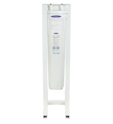 Crystal Quest Mini Alkalizing Water Filtration System, single-stage canister on white floor stand, 2-4 GPM.
