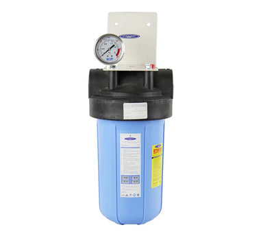 Wall-mounted Crystal Quest single stage alkalizing water filter with a blue canister and pressure gauge.