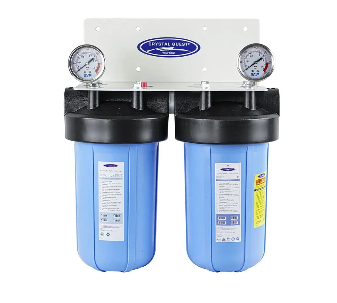 Crystal Quest 2-stage wall-mounted alkalizing water filtration system with dual pressure gauges and blue housings.
