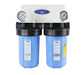 Crystal Quest 2-stage wall-mounted alkalizing water filtration system with dual pressure gauges and blue housings.