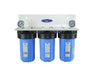 Crystal Quest triple canister wall-mounted alkalizing water filtration system for residential water treatment.