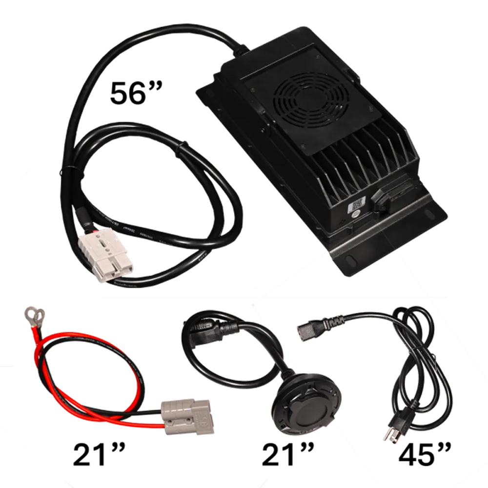 AIMS Power 48V 105Ah LiFePO4 golf cart battery kit connected with charger, LCD display, wiring, and charging port.