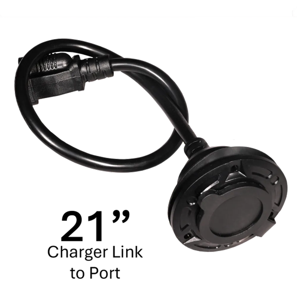 Round charging port cable for AIMS Power golf cart lithium battery kit with protective cap and black wiring.
