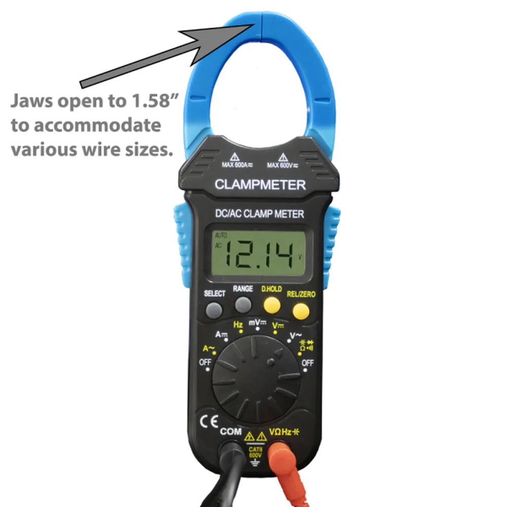 AIMS Power clamp meter with 1.58-inch jaw opening for measuring various wire sizes.