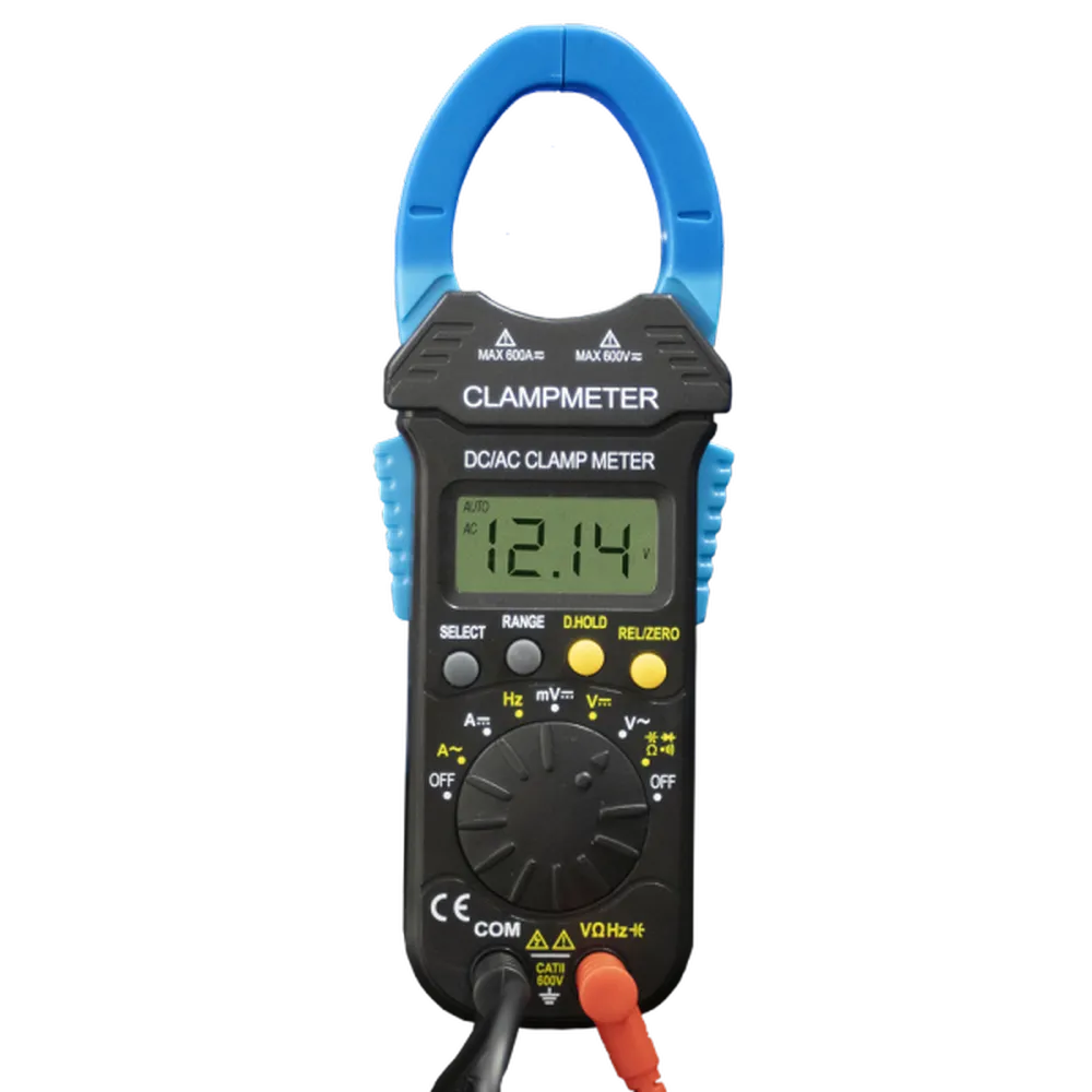 AIMS Power 600V True RMS clamp meter with blue jaws, digital display, and test lead inputs.