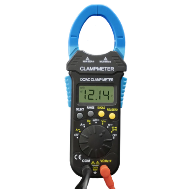AIMS Power 600V True RMS clamp meter with blue jaws, digital display, and test lead inputs.