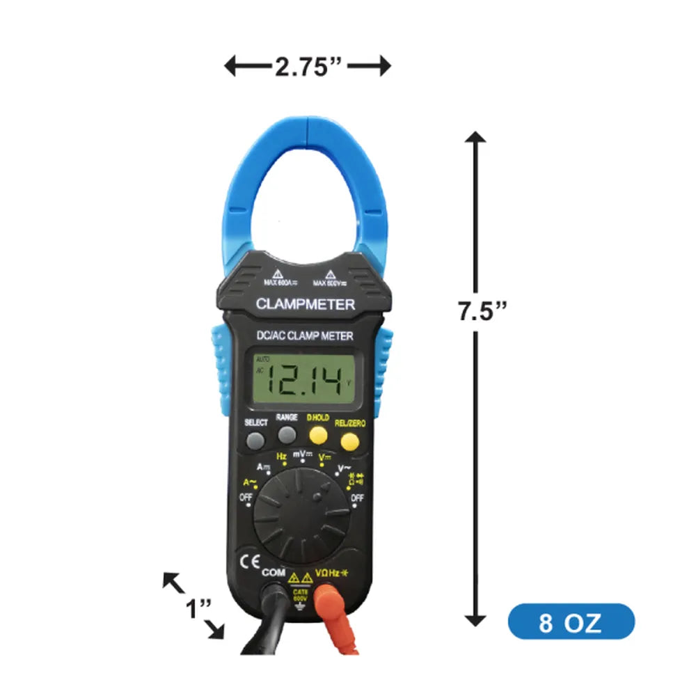 Compact AIMS Power clamp meter dimensions, 7.5 inches tall, 2.75 inches wide, and 8 oz weight.