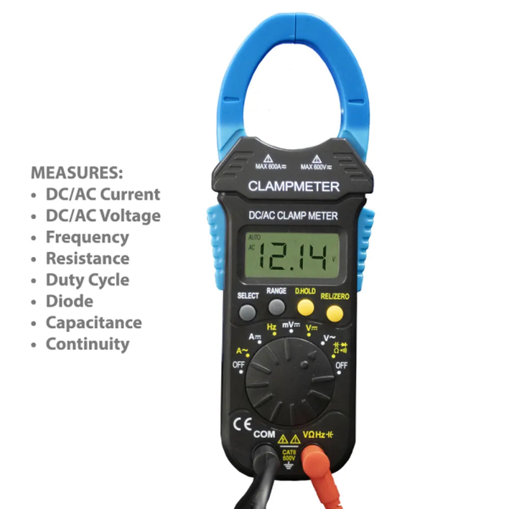 AIMS Power 600V True RMS clamp meter measuring DC/AC current, voltage, resistance, capacitance, and continuity.