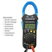 AIMS Power 600V True RMS clamp meter measuring DC/AC current, voltage, resistance, capacitance, and continuity.