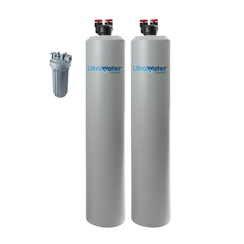 AlkaVivaCombo Water Filter and Salt-Free System with two tall filtration tanks and pre-filter housing on white background