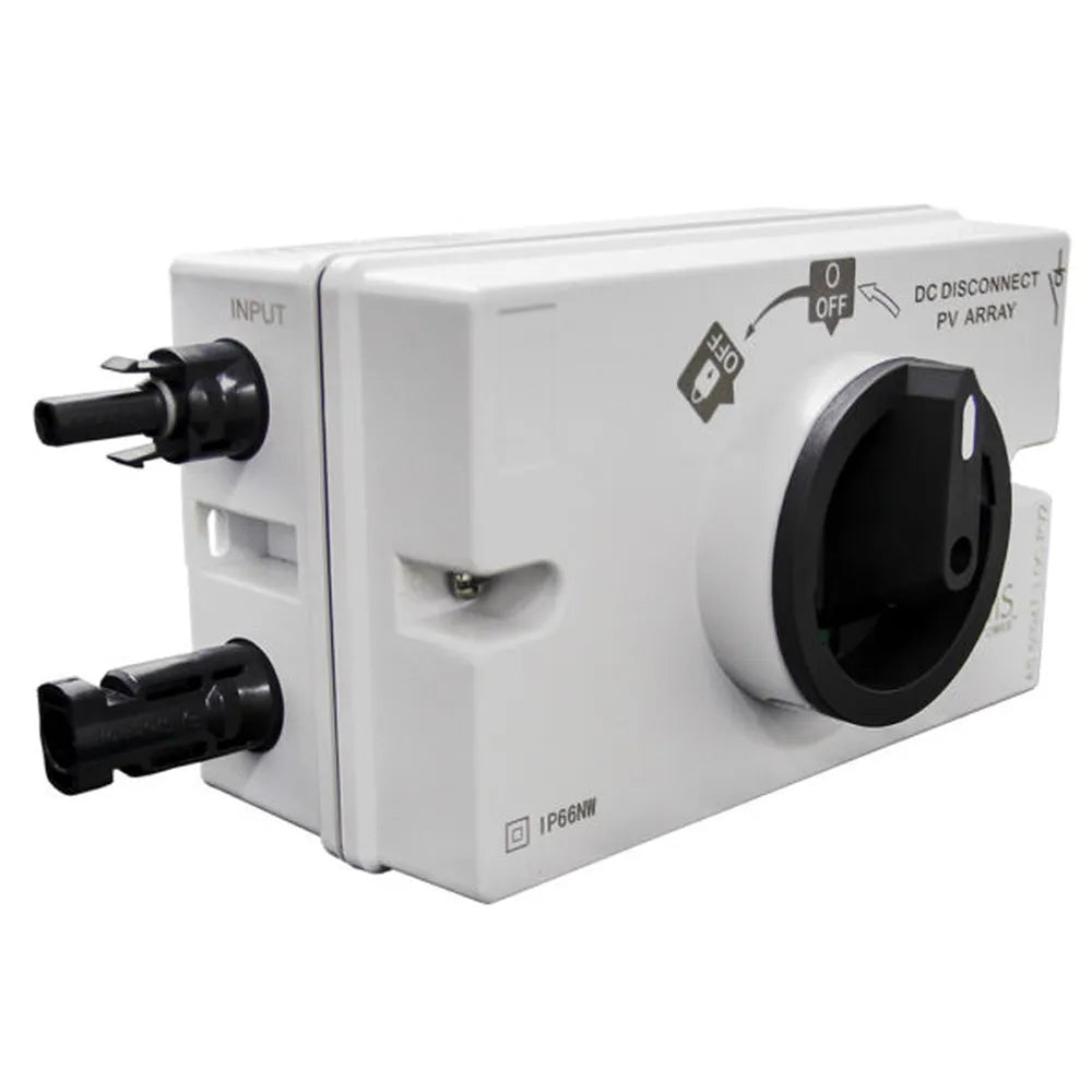 Angled left-side view of white AIMS Power solar disconnect switch with INPUT label, dual black PV connectors, recessed mounting screw area, and rotary DC disconnect handle.
