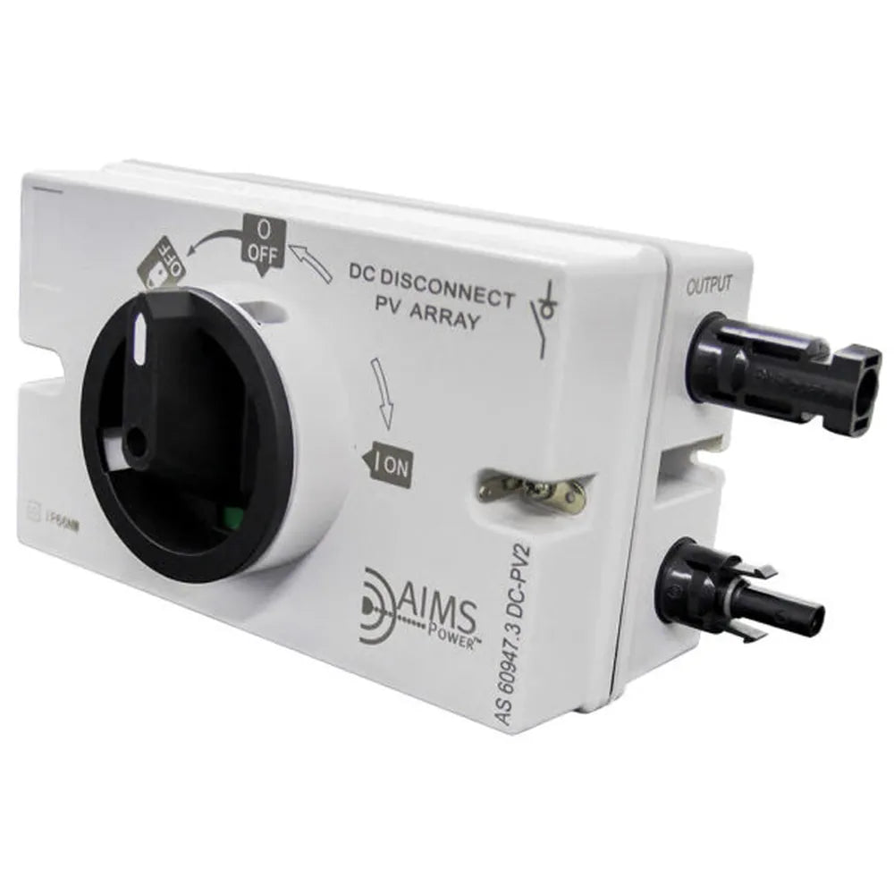 Angled right-side view of AIMS Power PV array disconnect switch with OUTPUT label, black MC4-style connectors, ON/OFF directional arrows, and weather-resistant white housing.