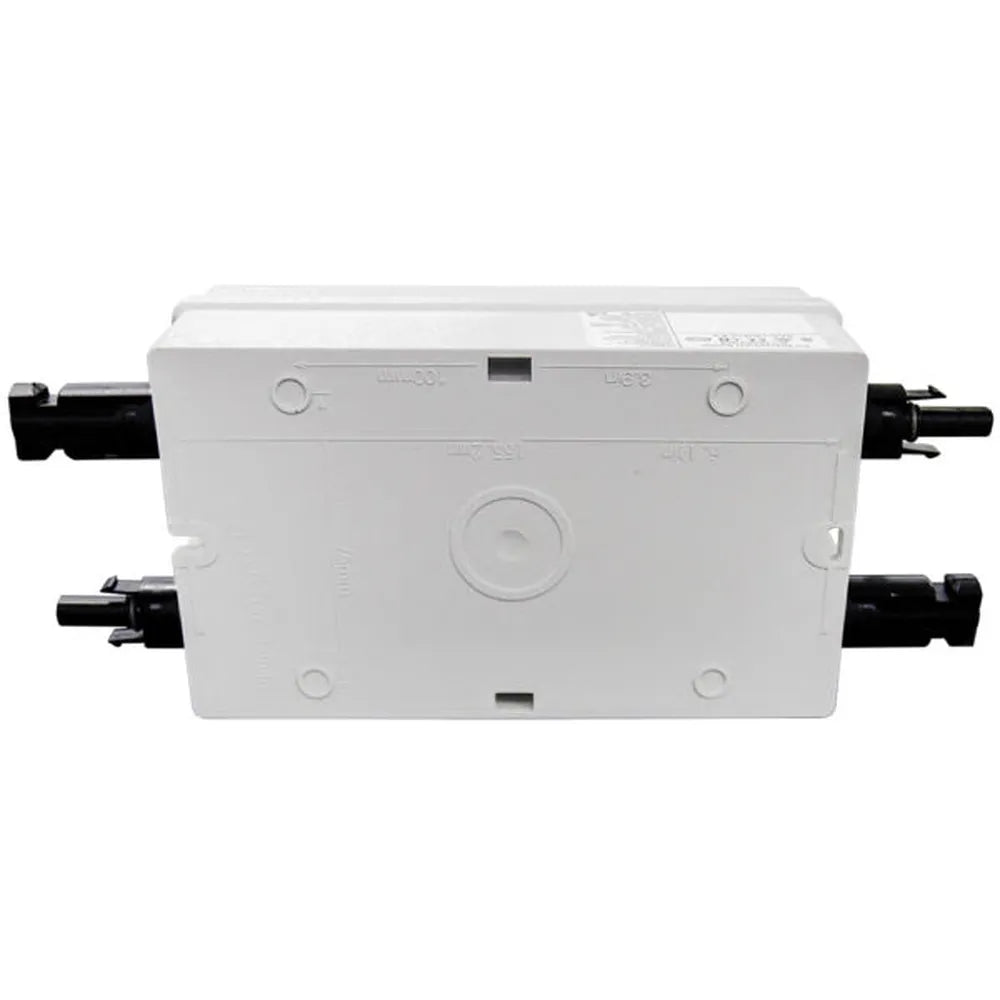 Rear view of AIMS Power solar disconnect switch showing white enclosure, black PV connector pairs on both sides, molded mounting points, and wiring access knockouts.