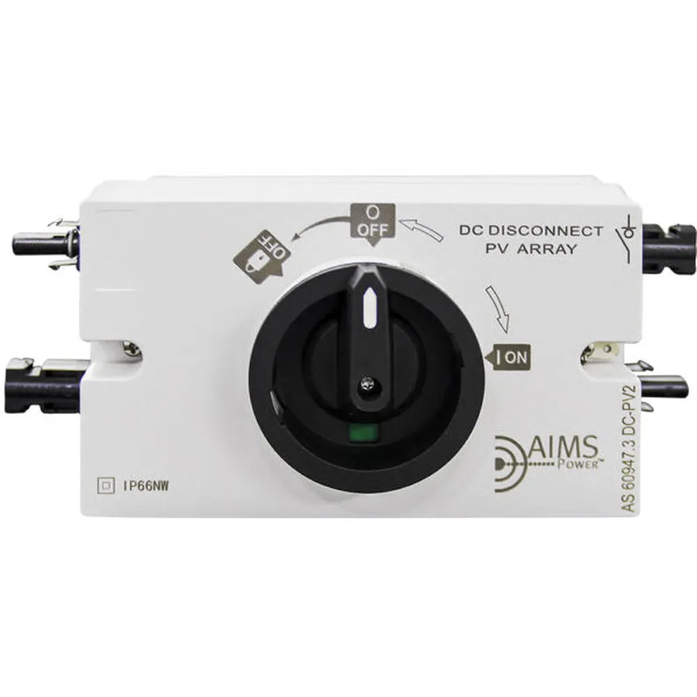 Front view of AIMS Power DC Disconnect PV Array switch with black rotary ON/OFF handle, AIMS Power logo, IP66NW marking, AS 60947.3 DC-PV2 label, and side-mounted solar input/output connectors.