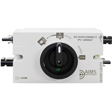 Front view of AIMS Power DC Disconnect PV Array switch with black rotary ON/OFF handle, AIMS Power logo, IP66NW marking, AS 60947.3 DC-PV2 label, and side-mounted solar input/output connectors.