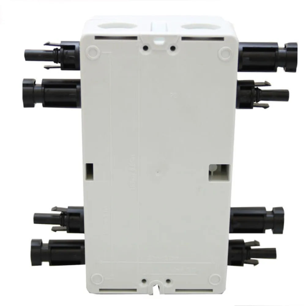 Rear view of AIMS Power 1600V 64A solar disconnect switch showing white mounting backplate, black connector pairs on both sides, screw slots, and molded installation points.